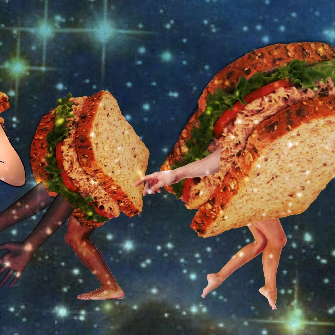 Digital collage of humanoid sandwiches with human arms and legs, floating in a starry cosmic background.