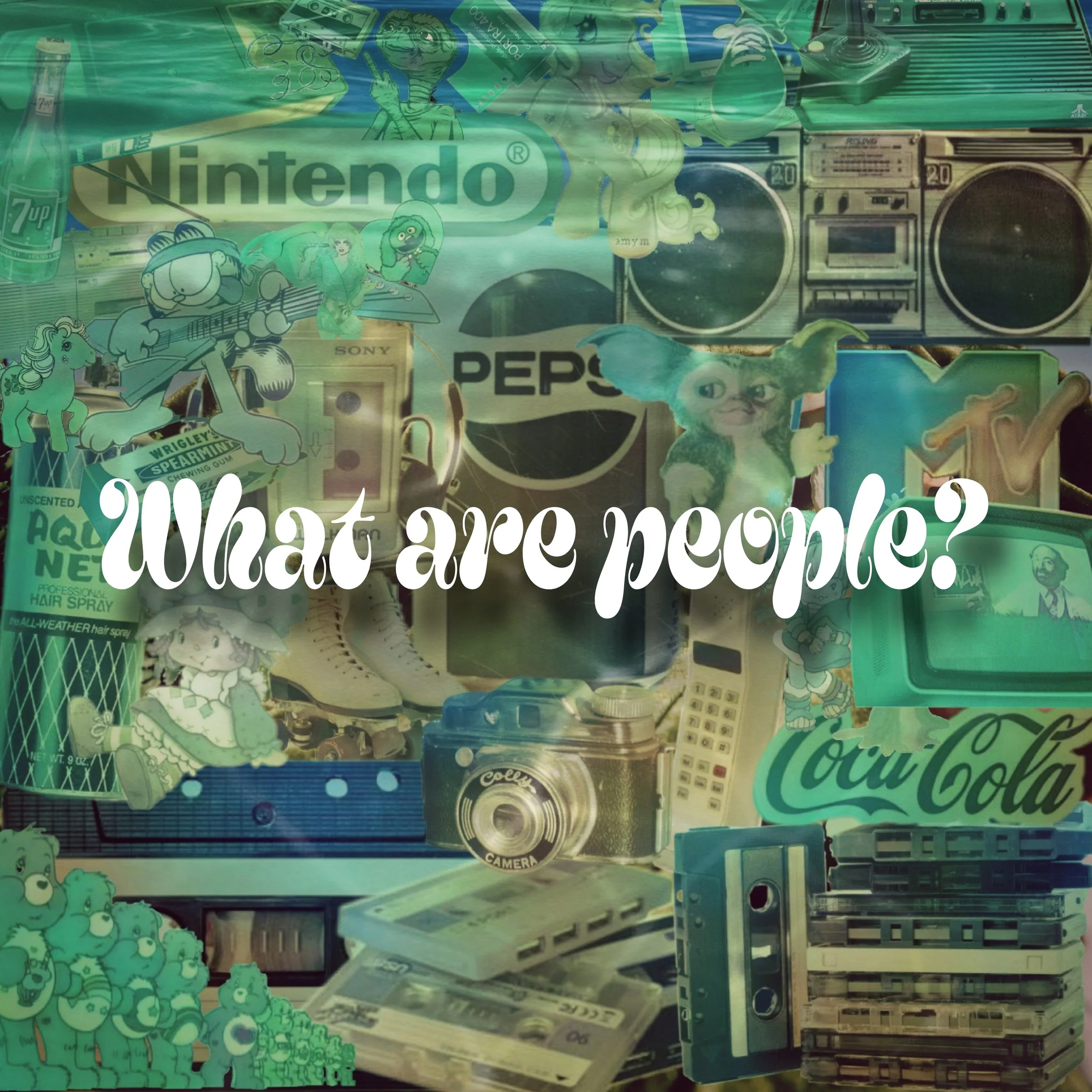 A cluttered surface filled with various vintage and modern items, including stickers, illustrated characters, a Sony cassette player, a boombox, a calculator, a set of sneakers, and various brands like Nintendo, Pepsi, and 7UP. The overall color tone