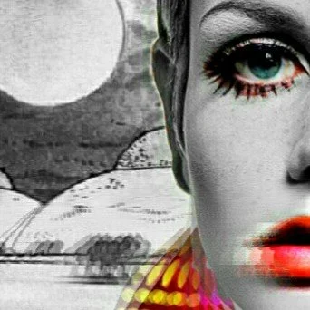 Close-up of a woman's face with colorful makeup, set against a black-and-white landscape with a large moon in the sky.