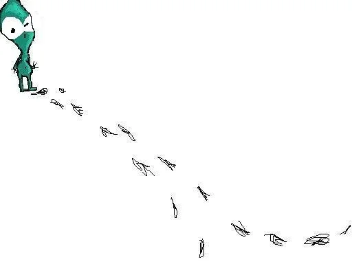 A cartoon dinosaur making footprints that resemble bird footprints.