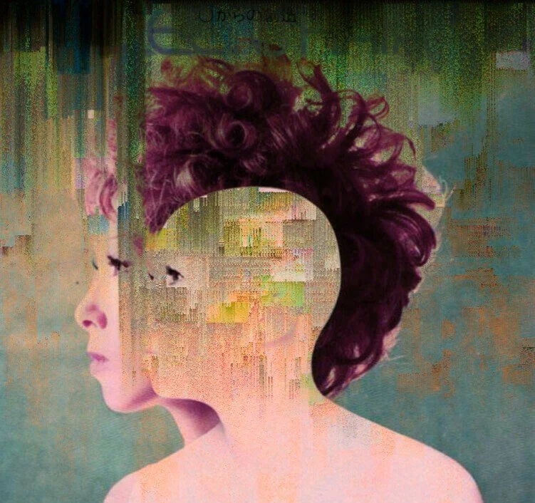 A digital artwork of a woman with a profile facing left, featuring a hairstyle with curly hair and a pixelated, abstract face blending into the background.
