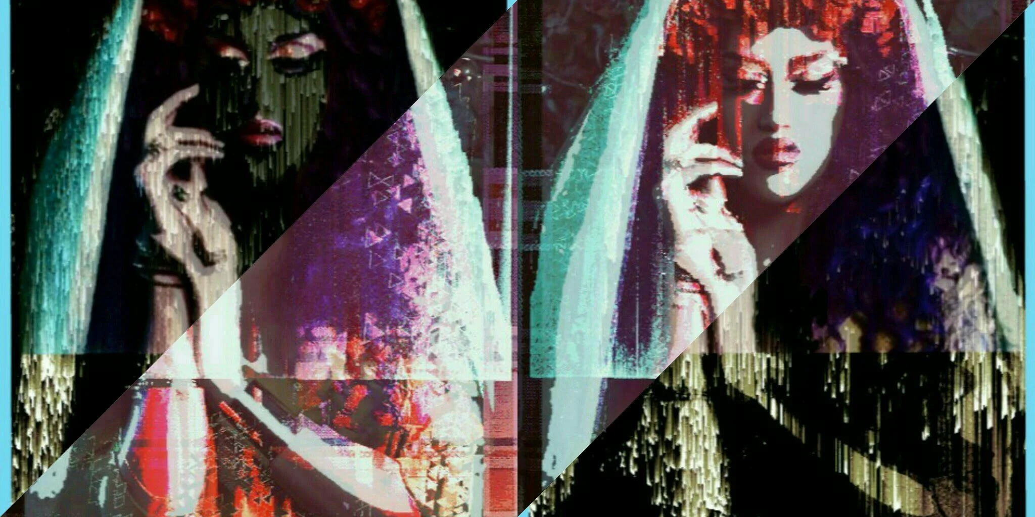 Abstract digital artwork featuring a woman's face with long teal hair, resting her chin on her hand. The image is stylized with vibrant colors and pixelated effects.