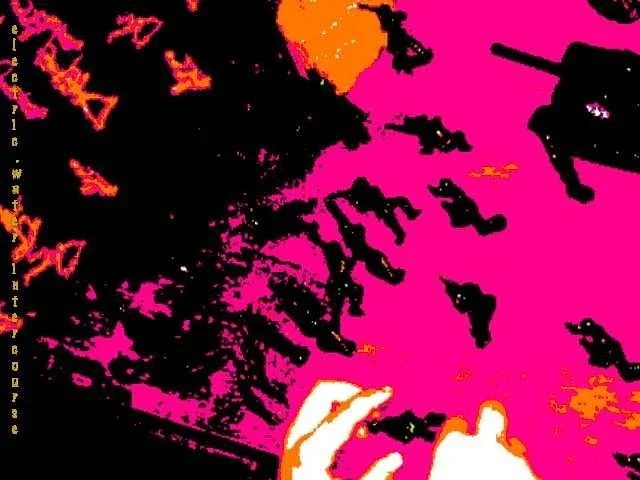Silhouette of a person's face with a hand raised, set against a bright pink and orange abstract background.
