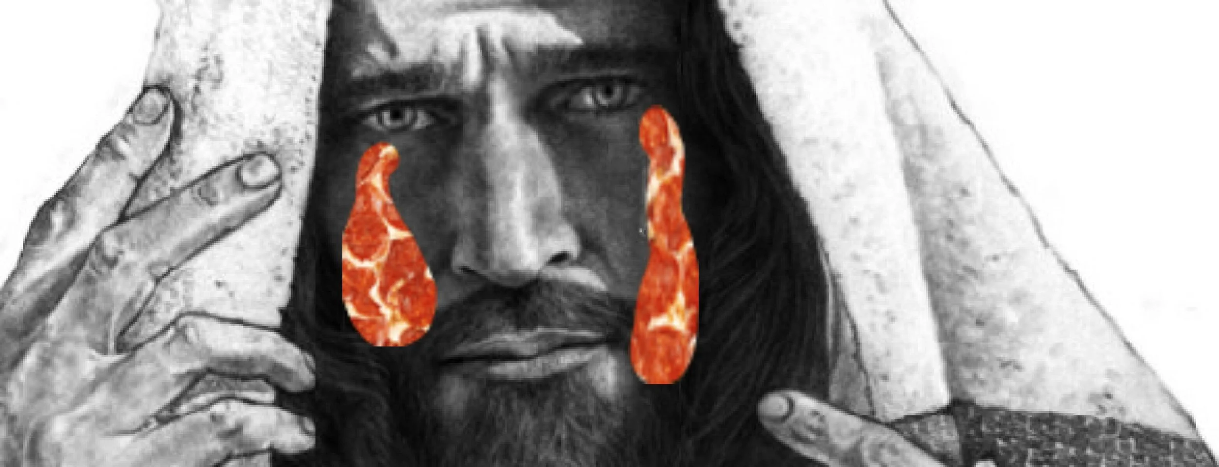 A black-and-white drawing of a man with long hair and a beard, wearing a hood. He is holding his hands near his face. Two pieces of bacon are positioned over his cheeks, resembling a beard.