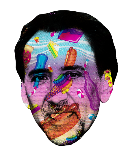 A man's face with various colorful summer-themed objects and candies superimposed, including ice cream, sunglasses, and beach items.