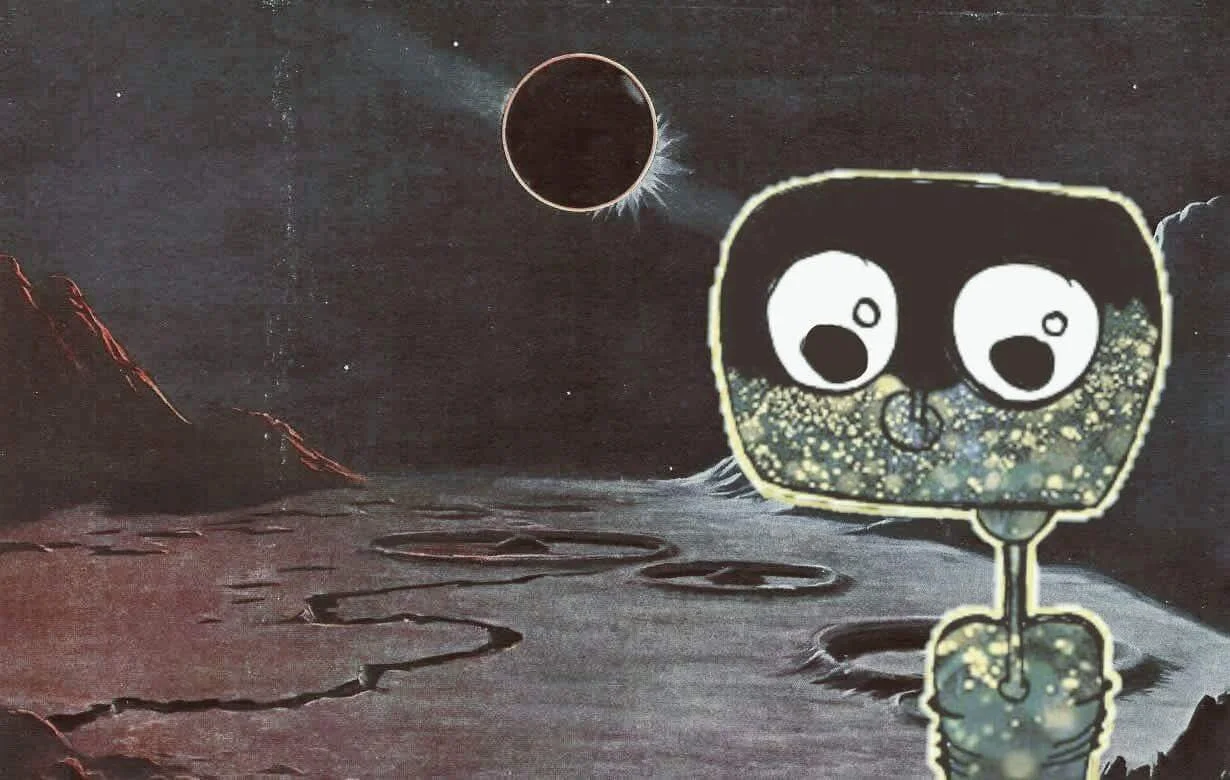 Cartoon character with big eyes and a surprised expression standing on a barren, lunar-like landscape with craters, with a solar eclipse in the background.