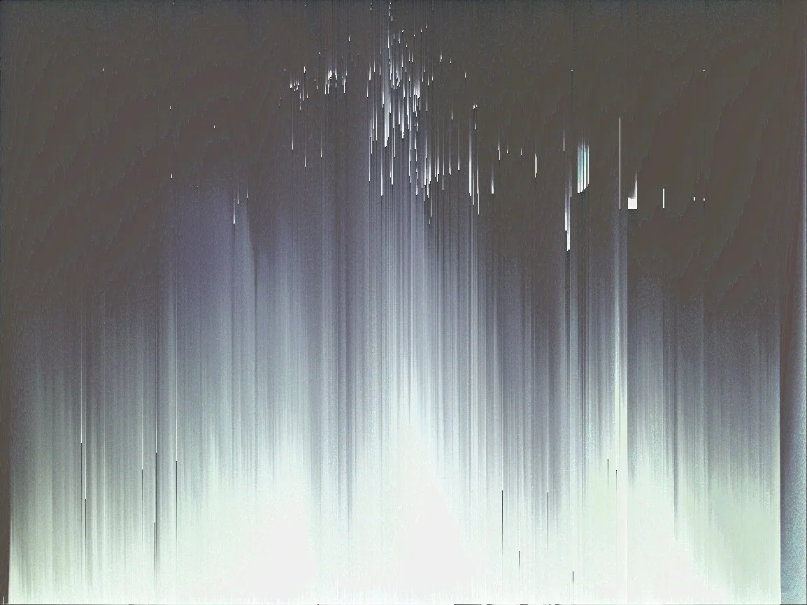 Abstract digital artwork with vertical light streaks, dark background, and bright central glow.