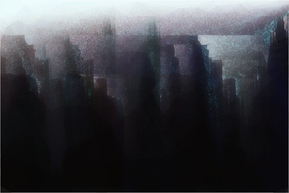 Futuristic city skyline with abstract, digital art style, dark silhouette of tall buildings, glowing blue and green accents, and a foggy or smoky atmosphere.