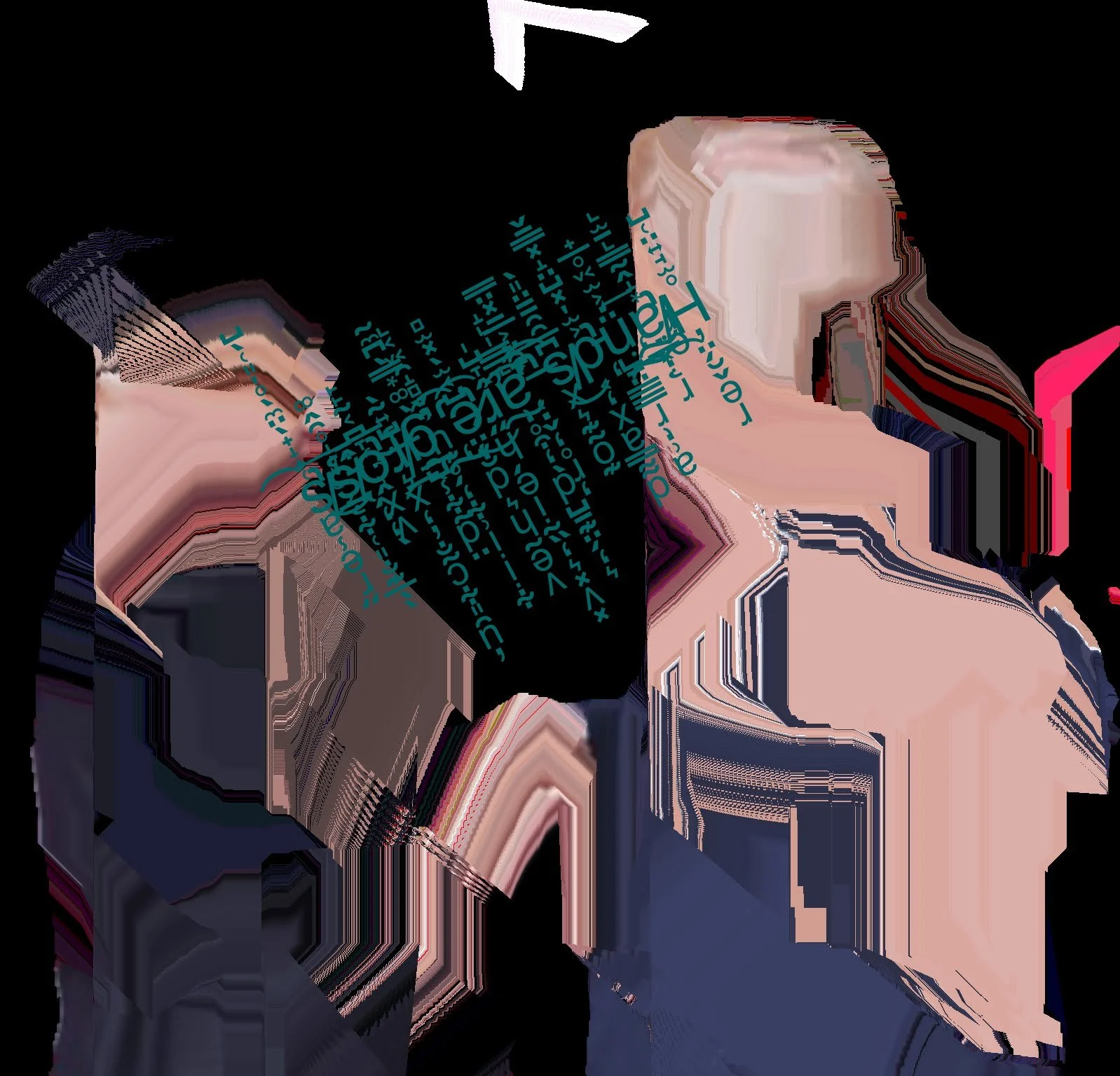 A person with long dark hair looking at a smartphone, with digital code and text overlaying the image.