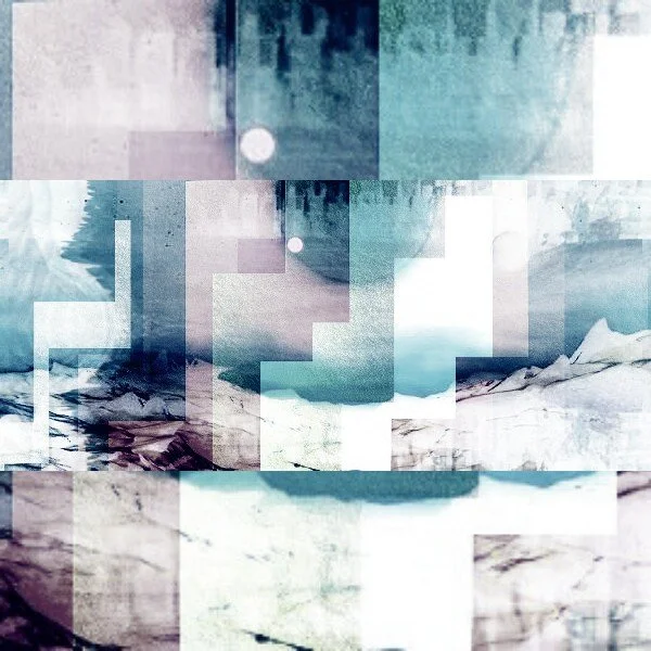Abstract digital art with glitch effects, featuring blue, white, and gray tones, with some pixelated and distorted elements.