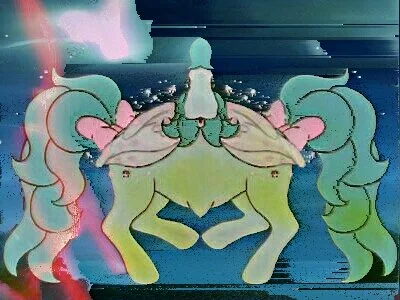 A symmetrical digital illustration of a fantasy creature with a unicorn horn, wings, pastel-colored mane and tail, and a pale green body, set against a digitally manipulated colorful background.