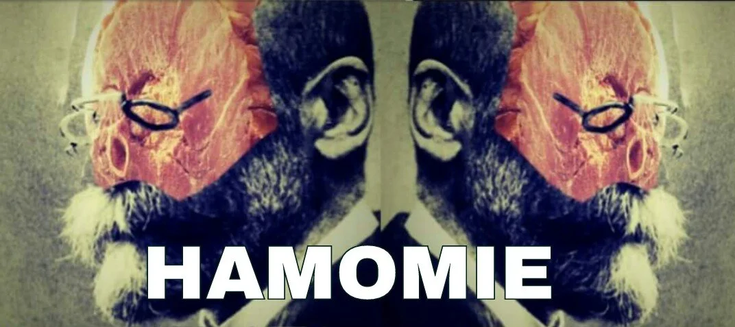 A mirrored image of a man with a beard, glasses, and a tattoo of a face on his head, with the word 'HAMOMIE' in bold white letters.