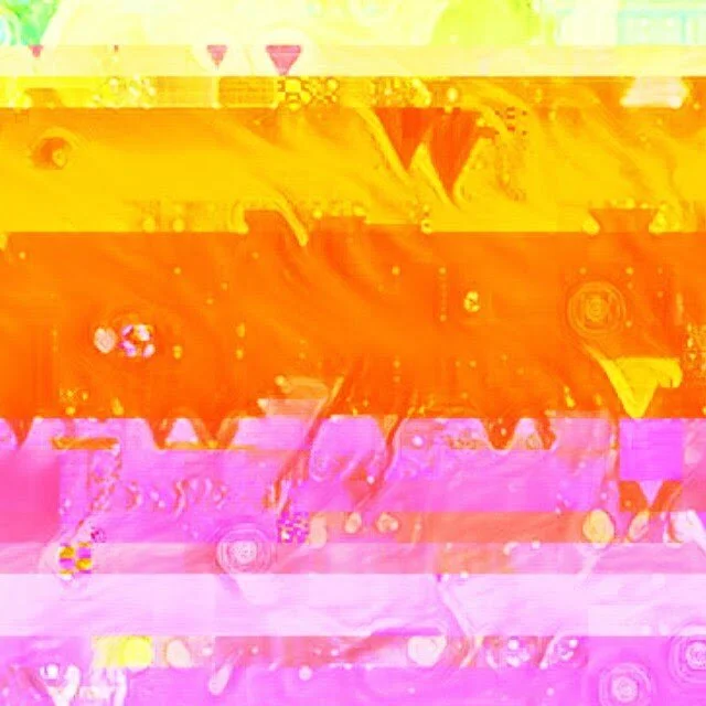 Abstract digital artwork with vibrant yellow, orange, and pink colors, featuring distorted and pixelated patterns.