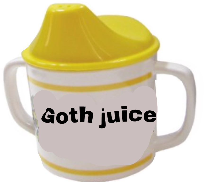 A child's sippy cup with a yellow lid and handles, labeled "Goth juice".