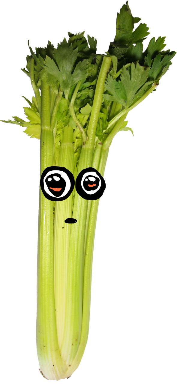 Cartoon-styled celery with a happy and surprised face drawn on it.