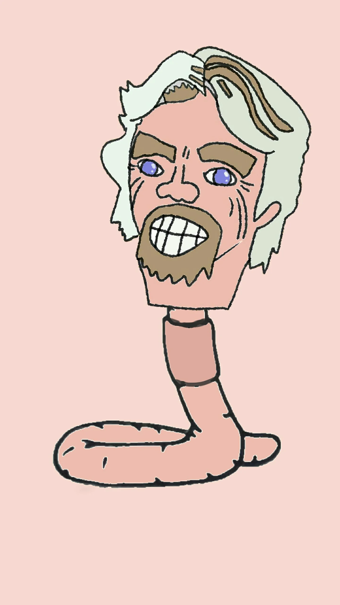 A digital drawing of a person's face with blue eyes, white hair, and a beard, attached to a snake's body against a pink background.