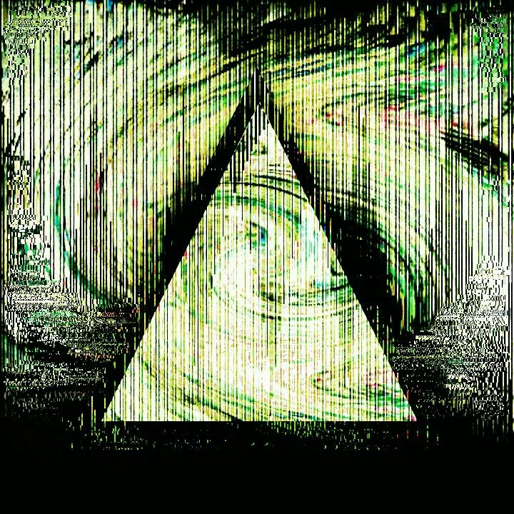 A distorted image of the Eye of Providence symbol with a pyramid and an eye, surrounded by glitch effects and colorful lines.
