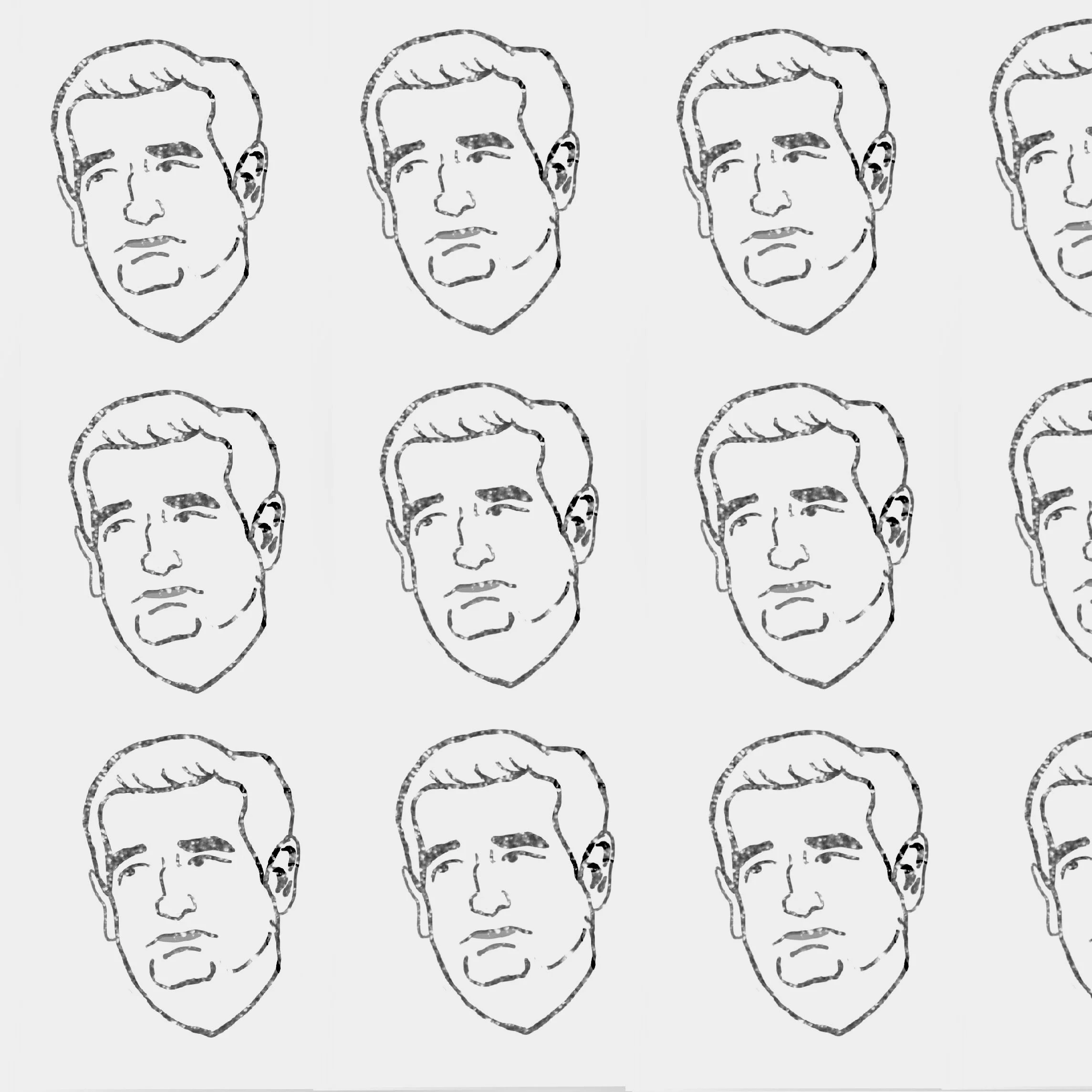 Pattern of repeated line drawings of a man's face with short hair, eyebrows, nose, and mouth, arranged in rows.