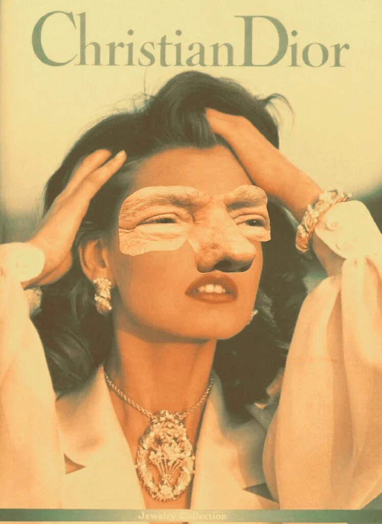 A magazine cover featuring a woman with dark hair, wearing jewelry including earrings, a necklace, and a bracelet. The woman's face appears to be altered with a newspaper photo of an elderly person's face placed over hers, creating a surreal effect. 