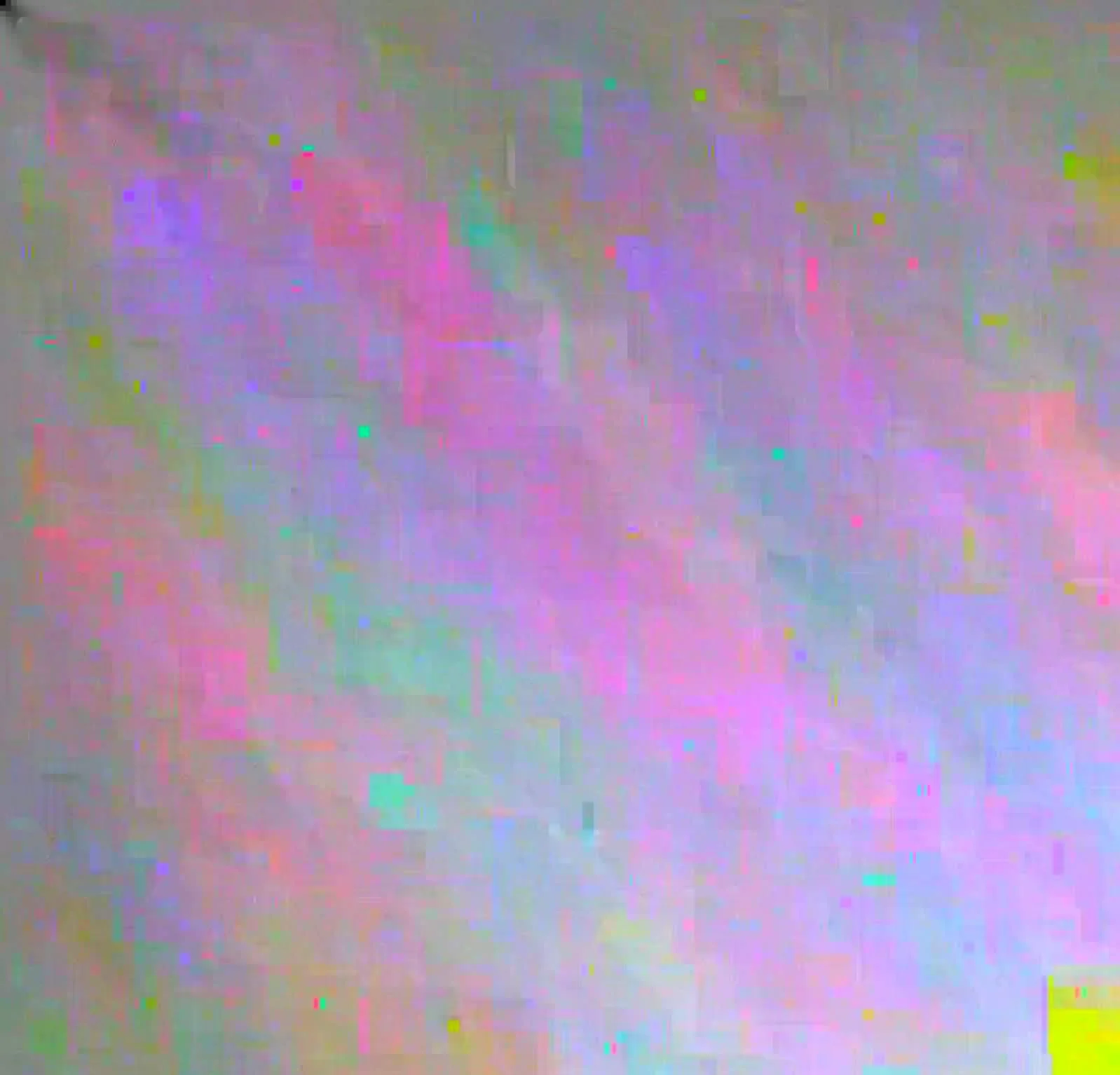 The image is very distorted with a mix of pastel colors and digital noise, making it difficult to identify any specific objects or scene.