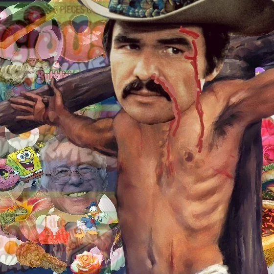A digital collage featuring a man's face with a mustache, a muscular torso, a cowboy hat, and a background with animated characters like SpongeBob and others, along with various colorful elements and textures.