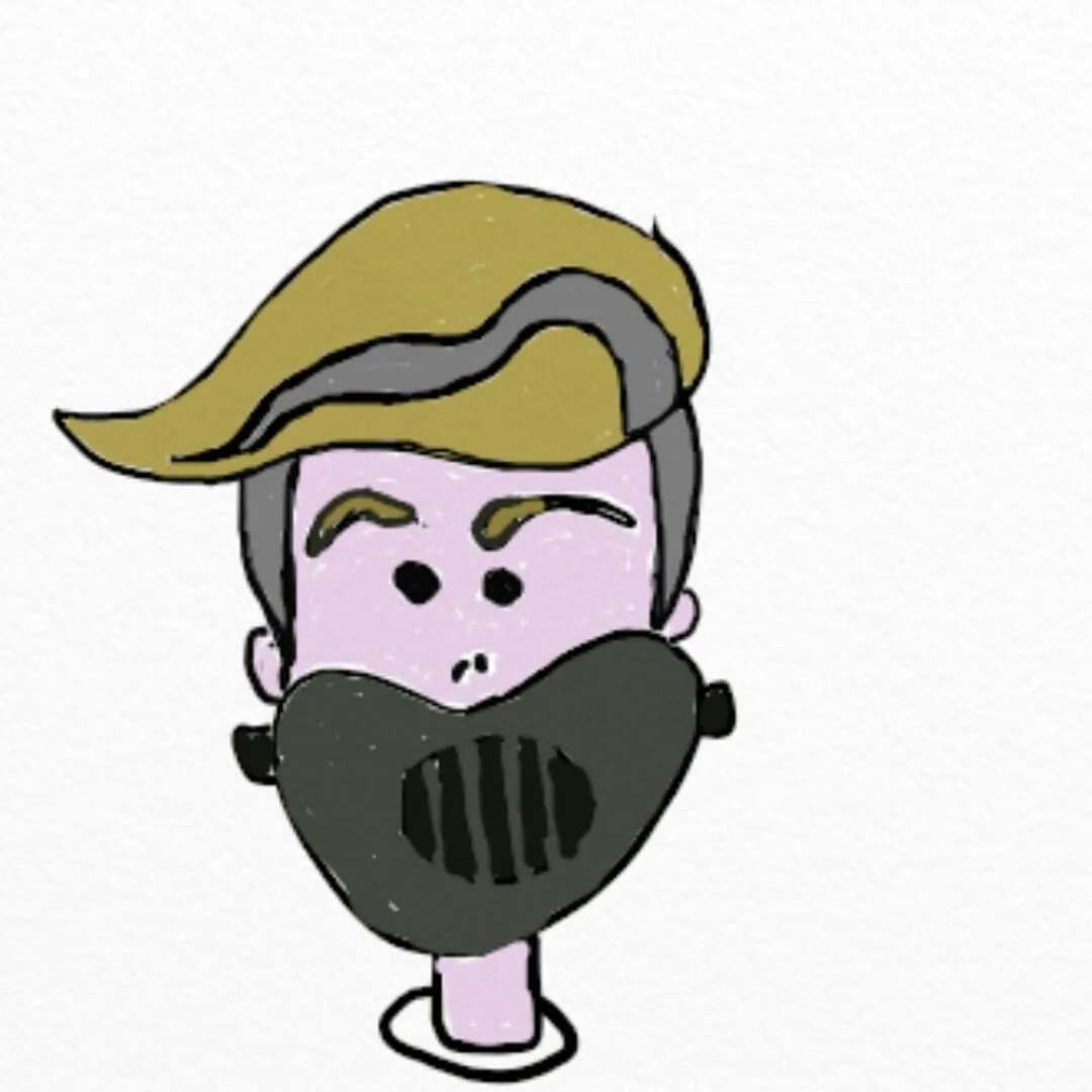 Drawing of a person's face with styled hair, wearing a black face mask and earrings.