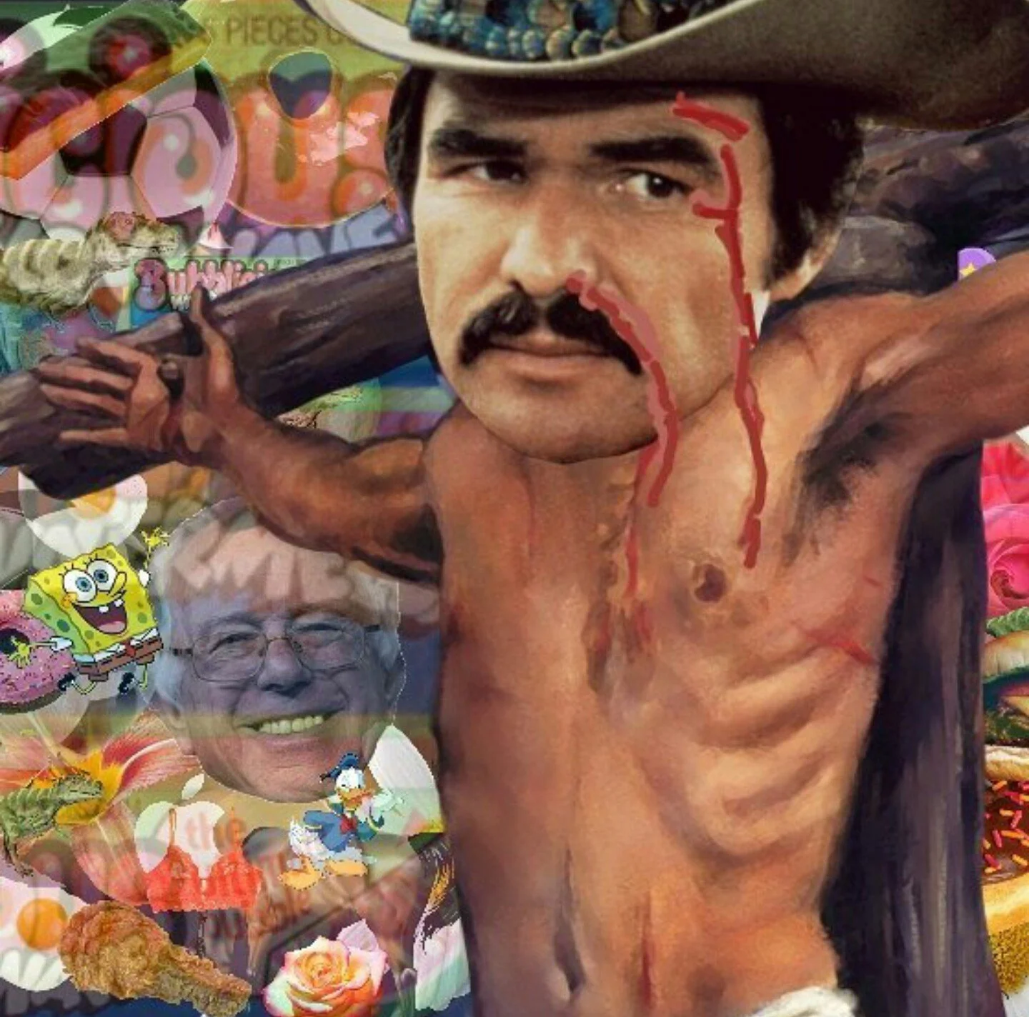 A collage combining a famous painting of Jesus Christ carrying a cross, popular cartoon characters SpongeBob SquarePants and Donald Duck, and various colorful food items, candy, and flowers.