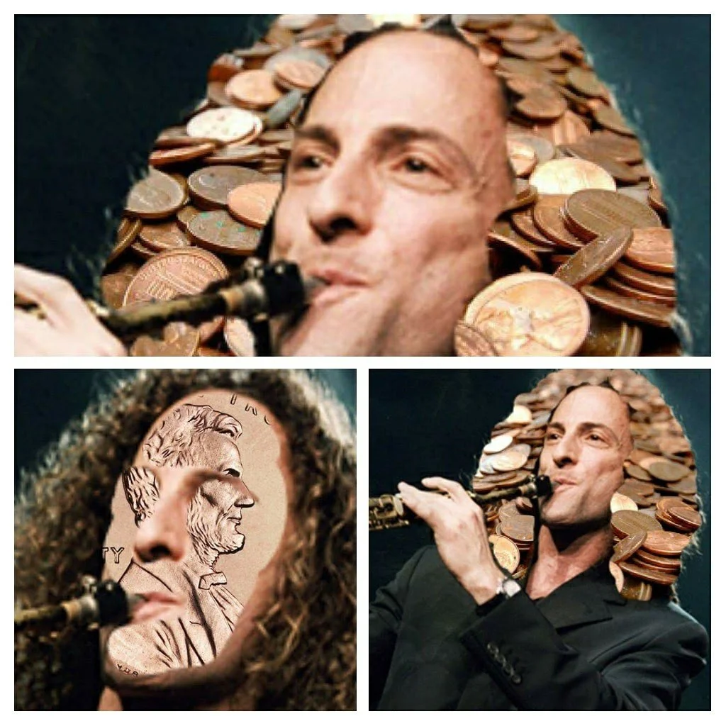 Collage of three images showing a man with a face made of coins, playing a flute, with coins around his head in different poses.