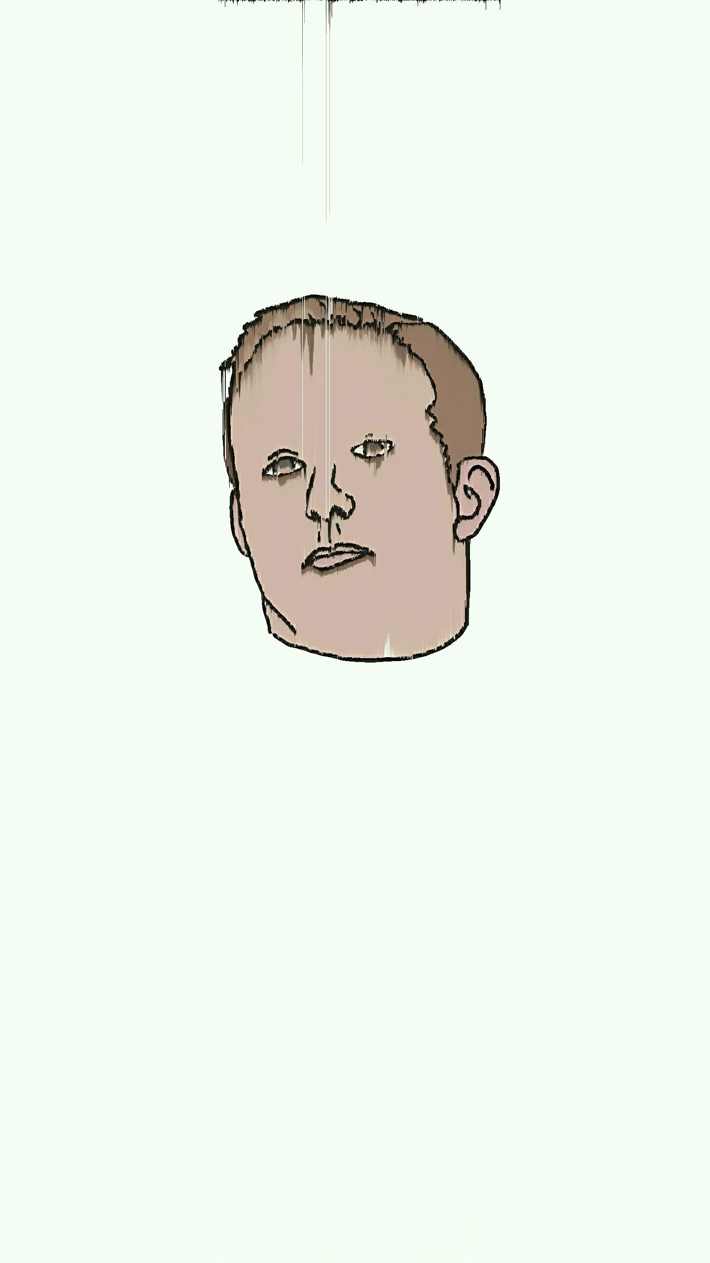 A cartoon-style drawing of a person's face with a serious expression, short brown hair, and light skin.