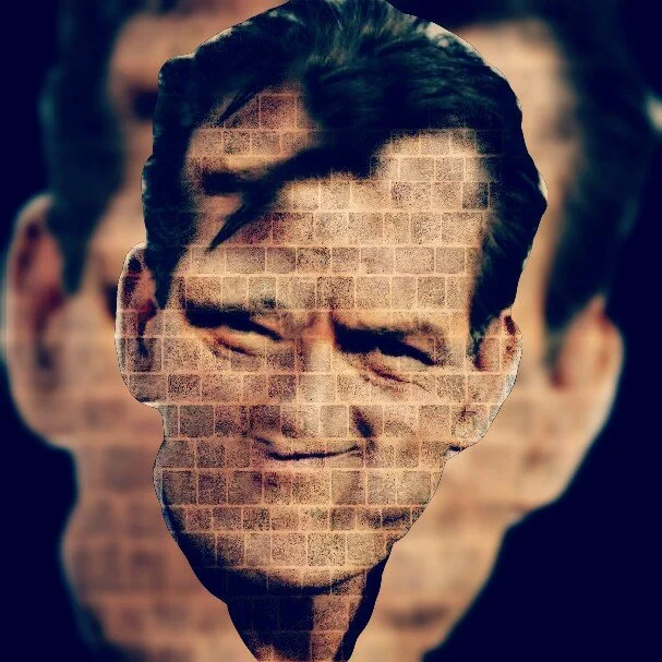A superimposed portrait of a smiling man with stylized brick wall overlay