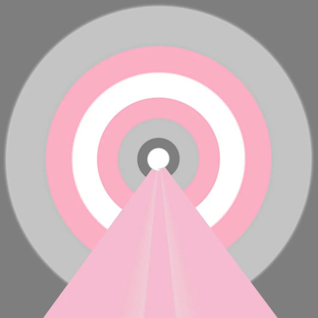 Pink and white concentric circles with a triangular pink beam pointing towards the center against a gray background.