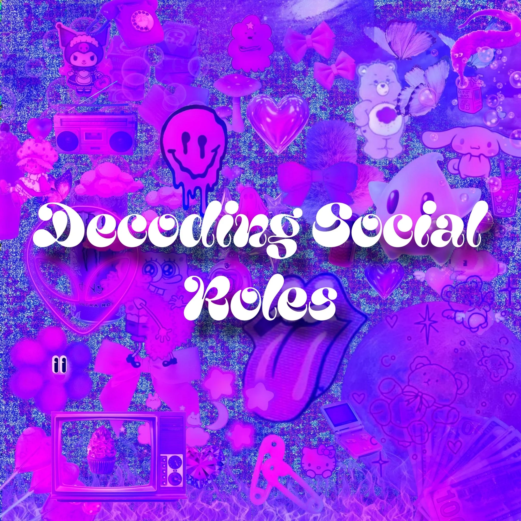 A collection of glowing, pink and purple neon-style stickers and objects on a sparkly background. The stickers include a heart, a smiley face, a bear, a mushroom, butterflies, a bunny, and various other playful designs. There is a text overlay that r