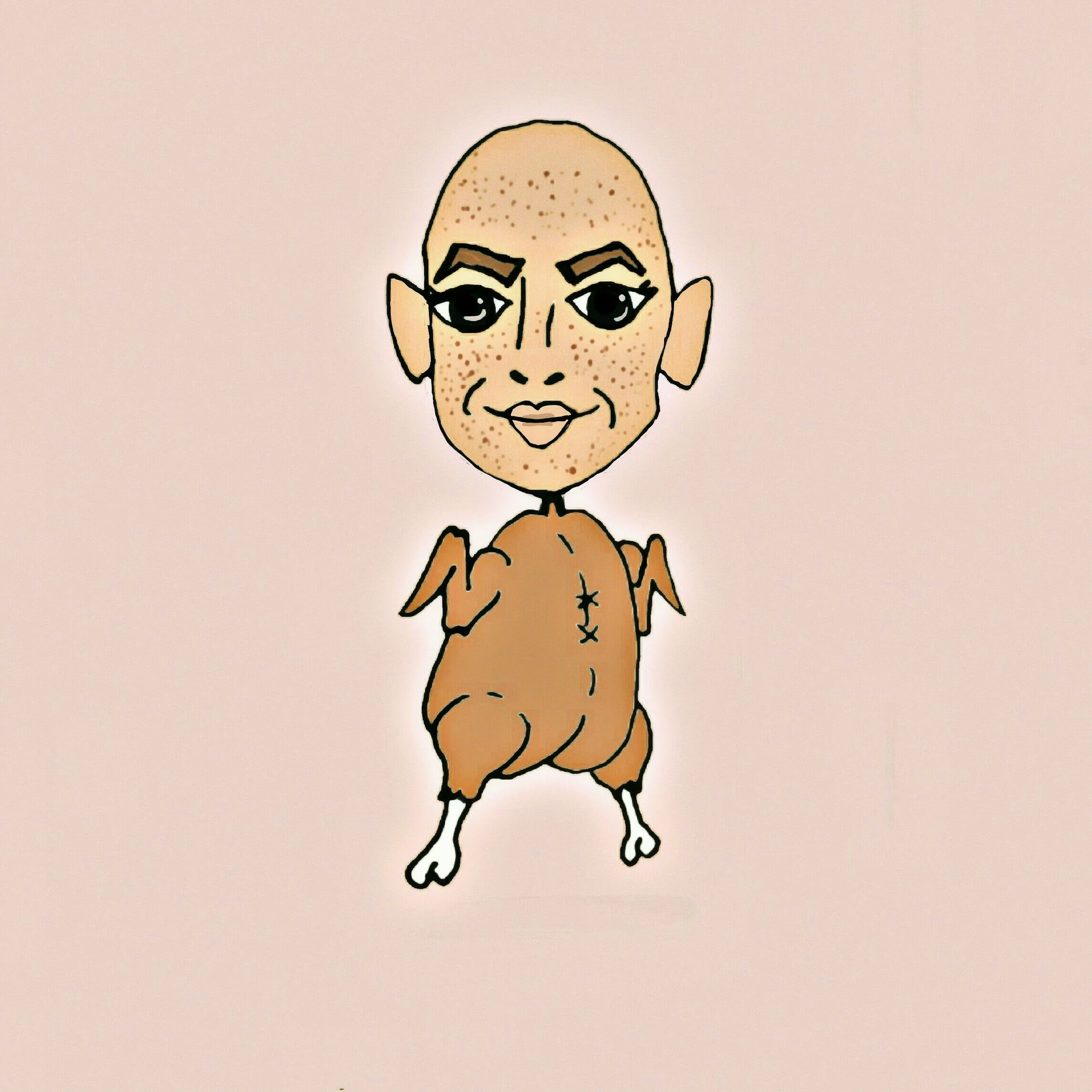 A cartoon drawing of a bald person with large eyes, freckles, and a smile, with dog-like ears, a tail, and a chest with a small black cross marking and a pocket.