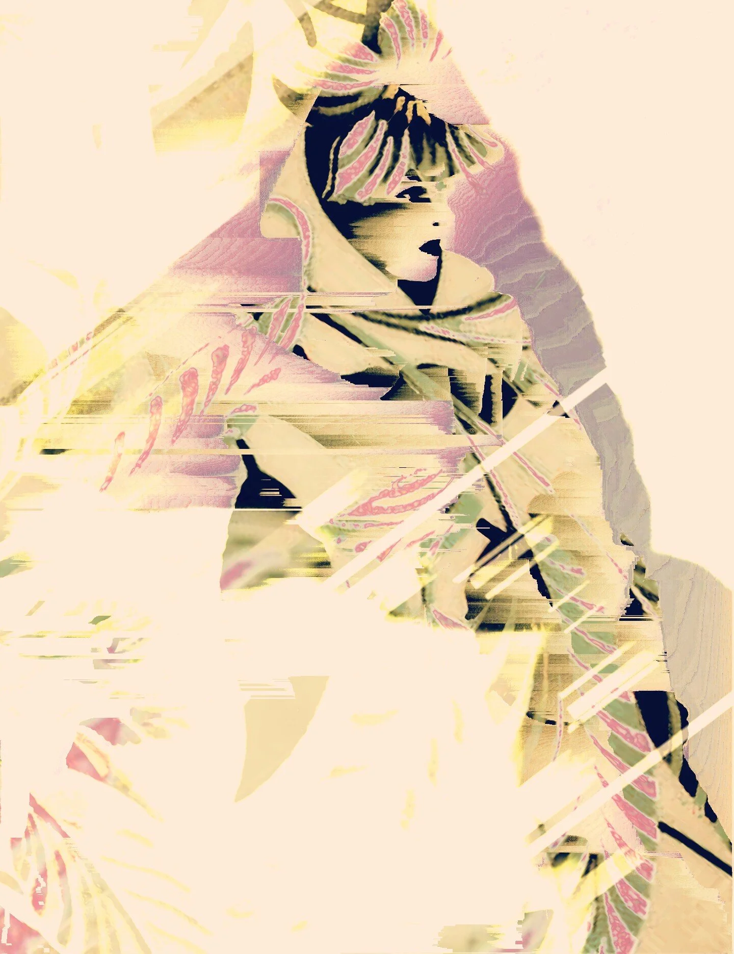 Abstract digital artwork featuring a person with long hair, with streaks of diagonal light and color distortions, creating a surreal, glitch effect.