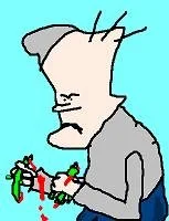 A cartoon person wearing a gray hoodie, holding a bloodied knife and a green object, with blood spatters around.