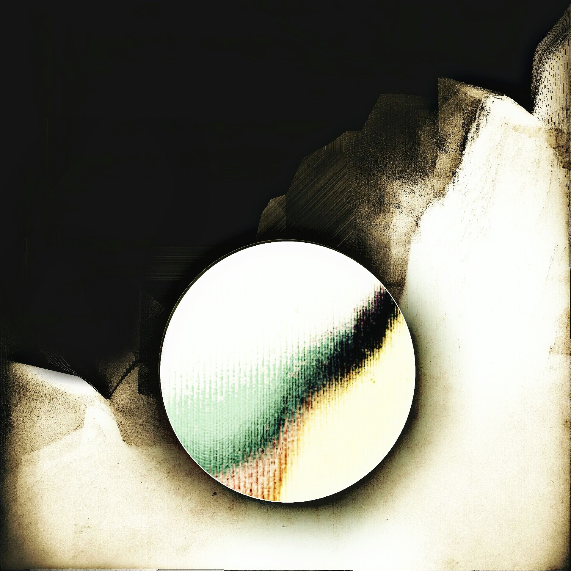 A close-up of a digital screen with multiple overlapping circular light spots, displaying glitch art with distorted colors and pixelated patterns.