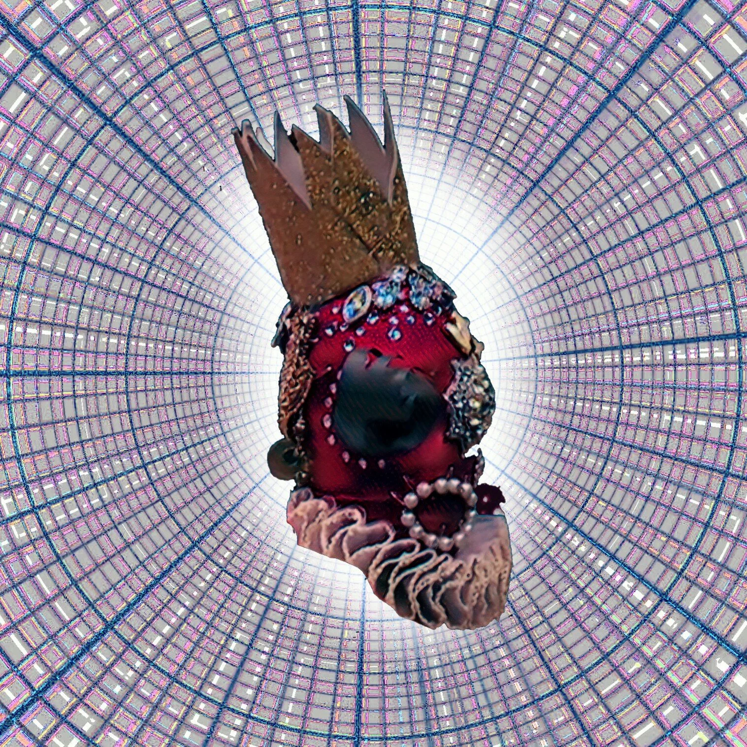 Close-up of a decorative ring with a large black stone, surrounded by colorful intricate designs and embellishments, held by a hand with ruffled wrist accessory, against a digital tunnel background with a grid pattern, giving an abstract, futuristic 