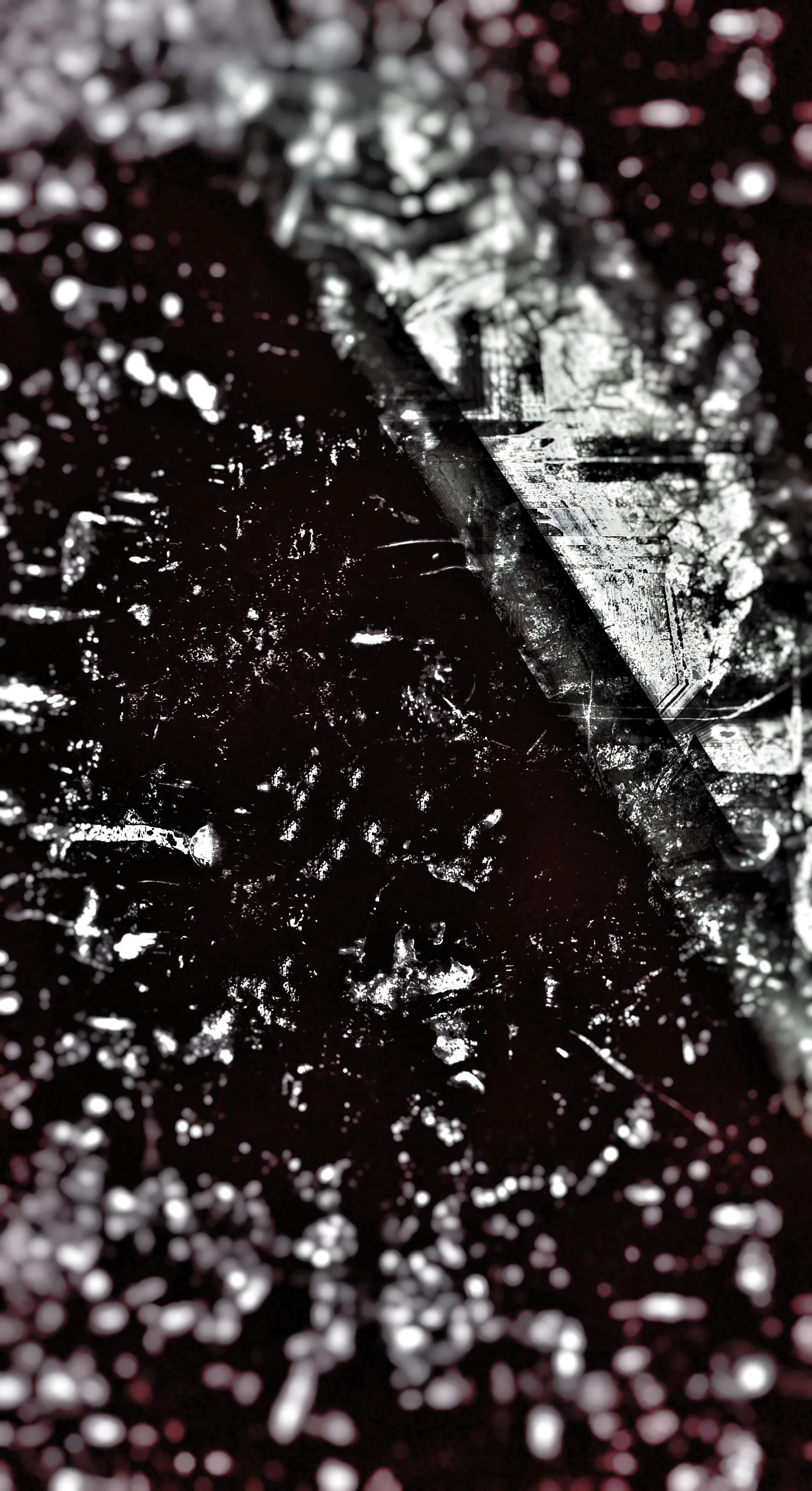 Close-up of a shattered glass surface with light reflecting off the fragmented pieces, creating a bokeh effect.