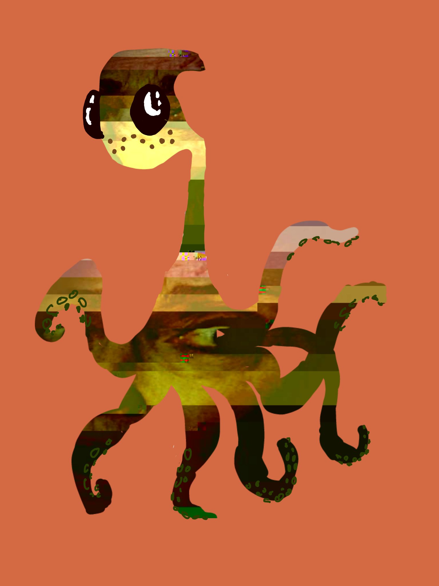 A digital illustration of a snake with a cartoonish face, large eyes, and raised eyebrows on a plain terracotta background. The snake has a pattern resembling a woodland scene with trees and green patches.