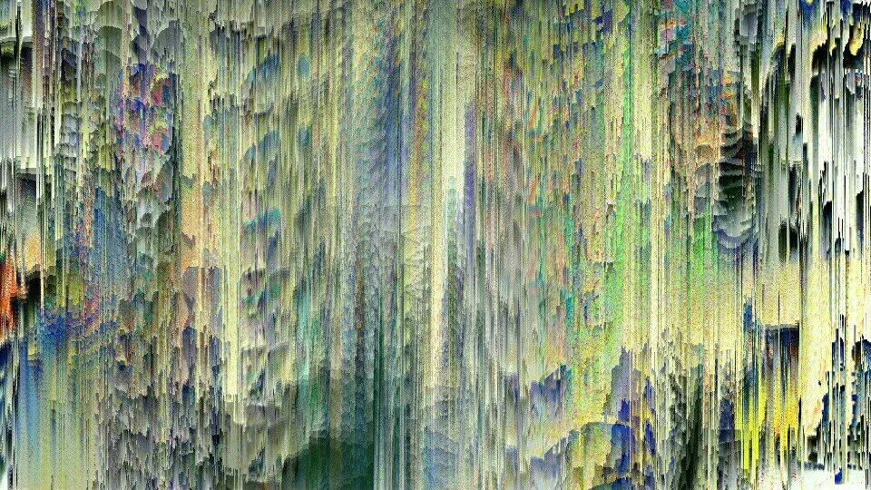 Abstract digital art with vertical streaks in green, purple, yellow, and gray colors.