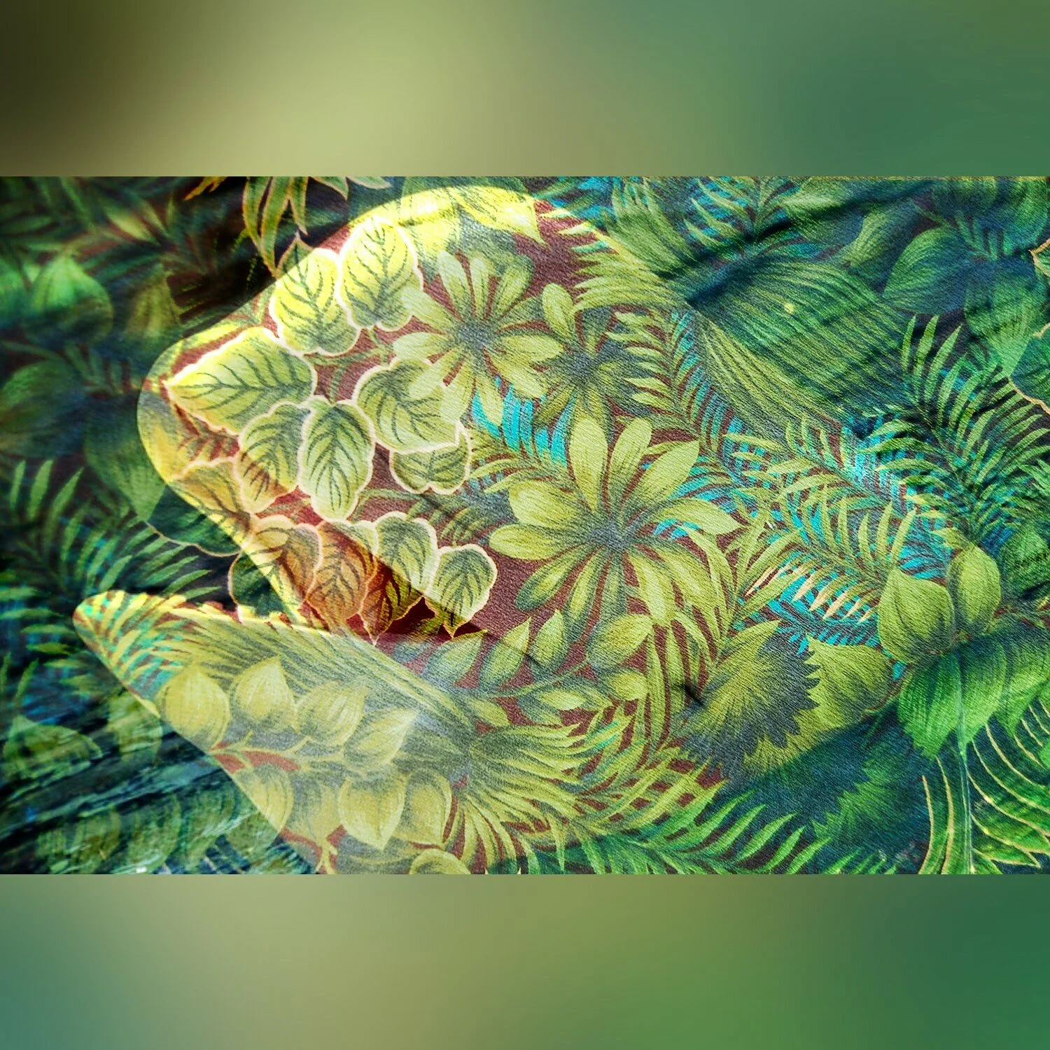 Close-up of fabric with a vibrant leafy pattern in shades of green, yellow, and hints of blue.