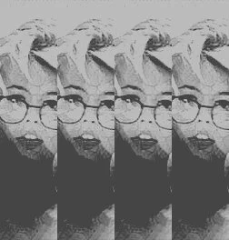 Repeated black and white photo of a person with glasses and short hair making a surprised or confused expression