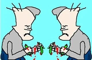 Two cartoon characters with gray skin and mohawk hairstyles exchanging bloody presents.