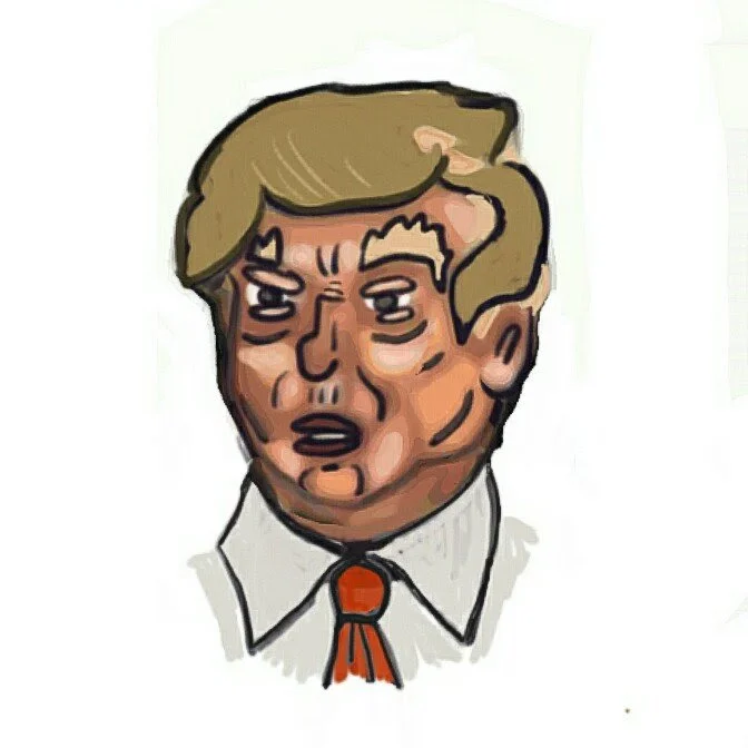 Drawing of a man with blonde hair, wearing a white shirt and an orange tie, with a serious or concerned facial expression.