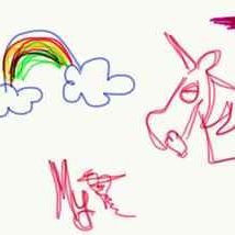 Children's drawings of a rainbow, a unicorn, and a smaller unicorn.