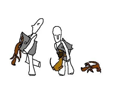Two characters carrying a horse's head and saddle, with a dog lying on the ground nearby.