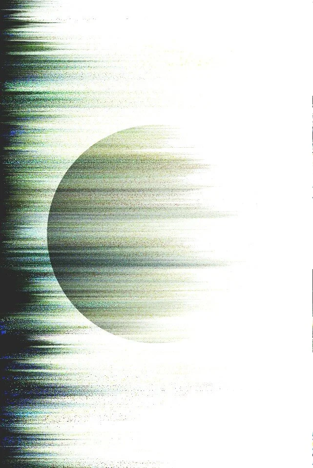 A partially visible moon with a glitch or digital distortion effect against a light background.