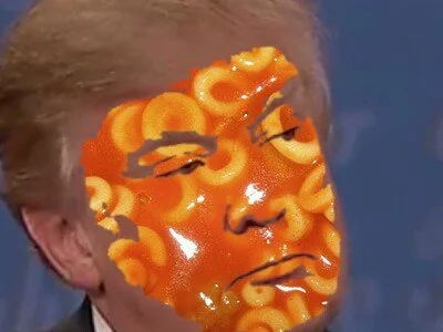 A face with a distorted expression, covered in bright orange, curly, noodle-like shapes.