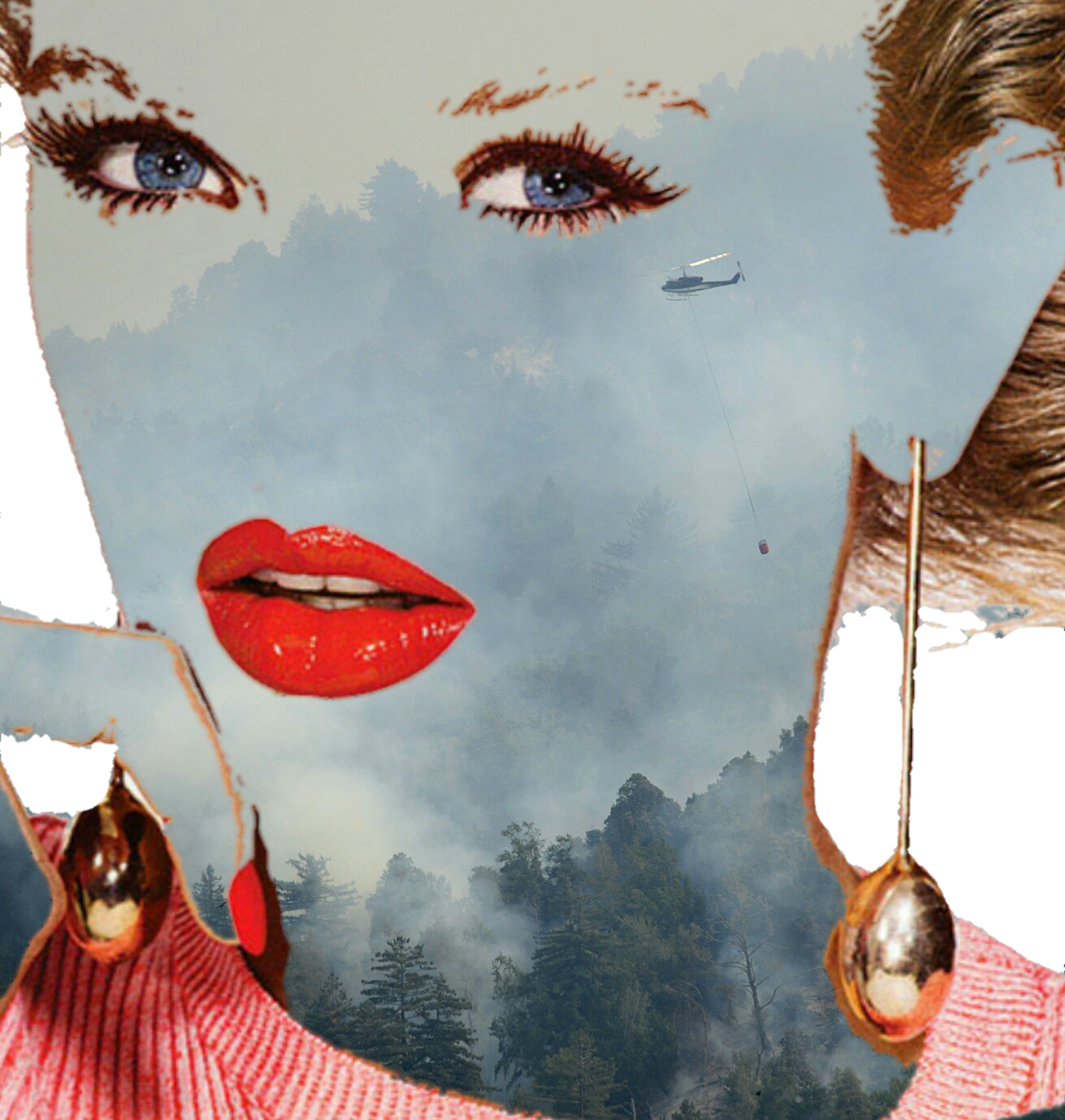 A collage featuring a woman's face with blue eyes, red lipstick, and a pink sweater, overlaid with an image of a foggy landscape with trees and a helicopter.