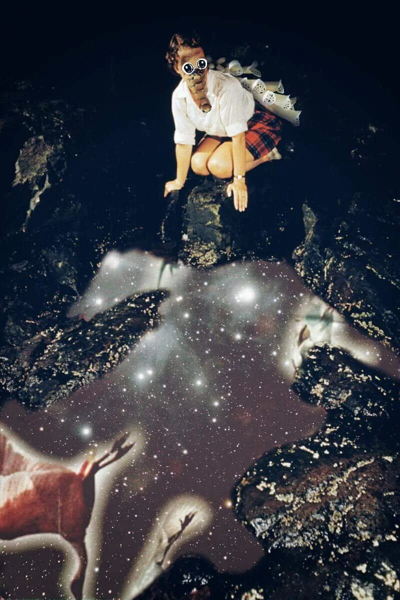 A person with a tiger mask and googly eyes on their face crouches on rocks around a dark body of water. There are space and galaxy effects superimposed over the image, creating a surreal scene.